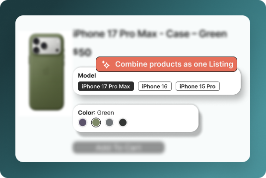 Combine products as one listing: model and color selectors in a single product card