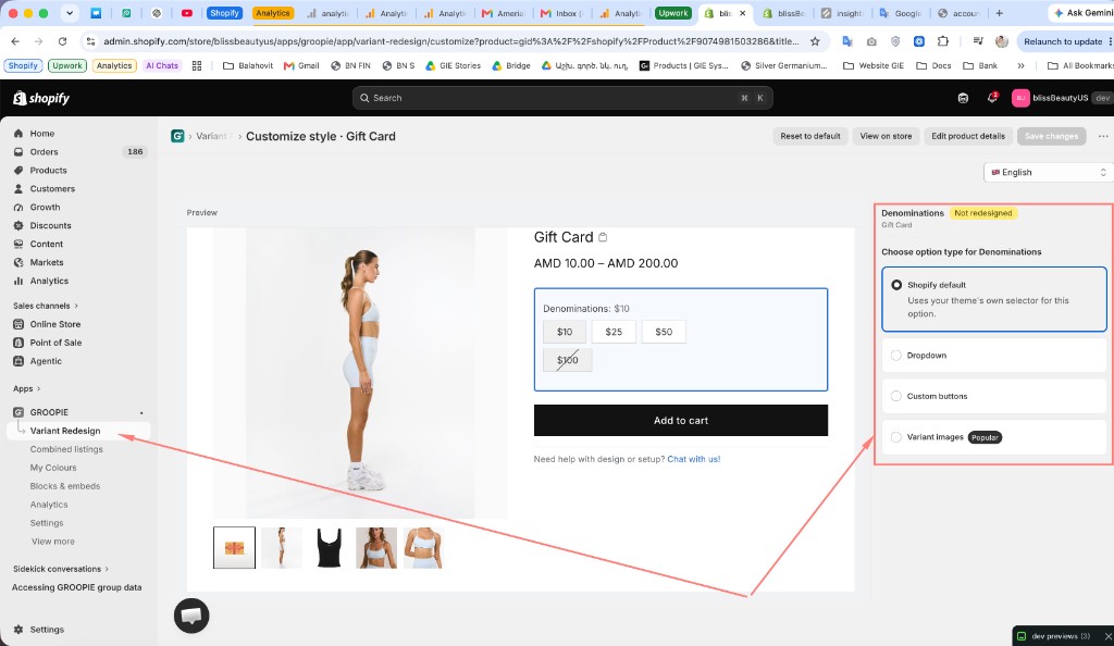 GROOPIE Variant Redesign: choose option type for Denominations, with Shopify default, Dropdown, Custom buttons, and Variant images