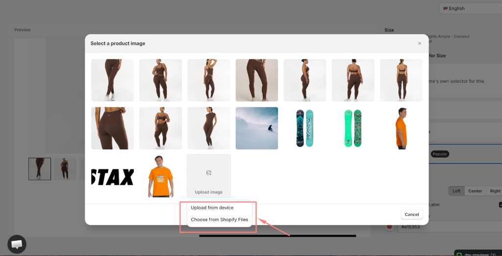 Select a product image popup with Upload image options: Upload from device and Choose from Shopify Files